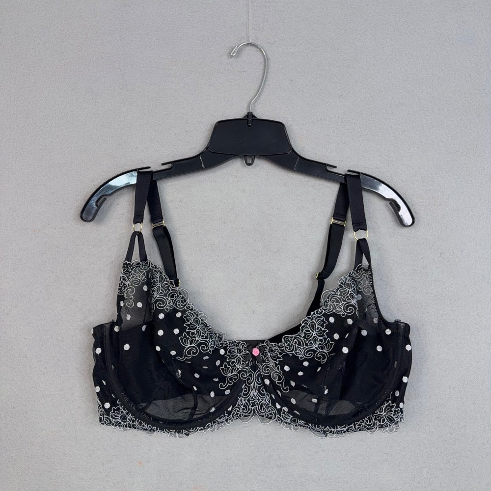Cacique Balconette Bra Women 42DDD Black Polka Dot Embroidered Lace Romantic